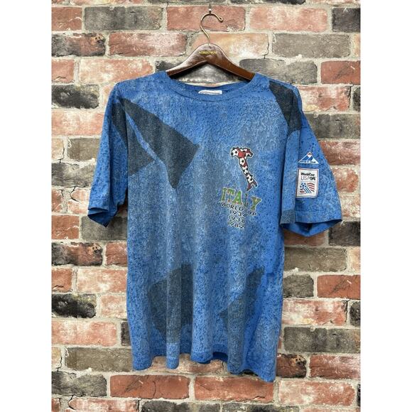 Vintage 1994 Italy World Cup Soccer National Team AOP T Shirt Apex One Sz L Blue